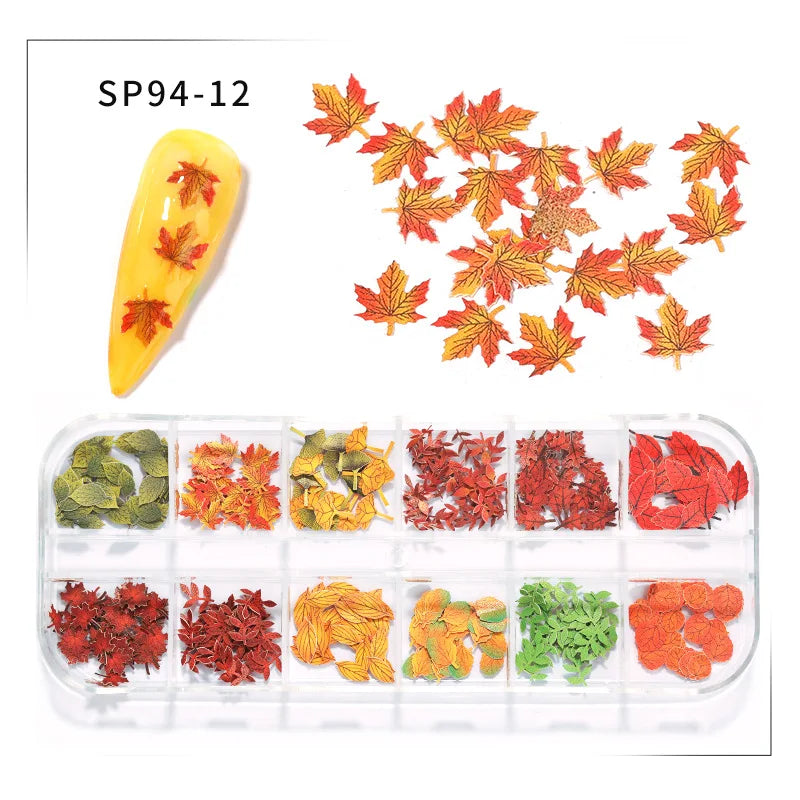 12-Grid Autumn Leaf Nail Sequins & Floral Charm Decoration Set