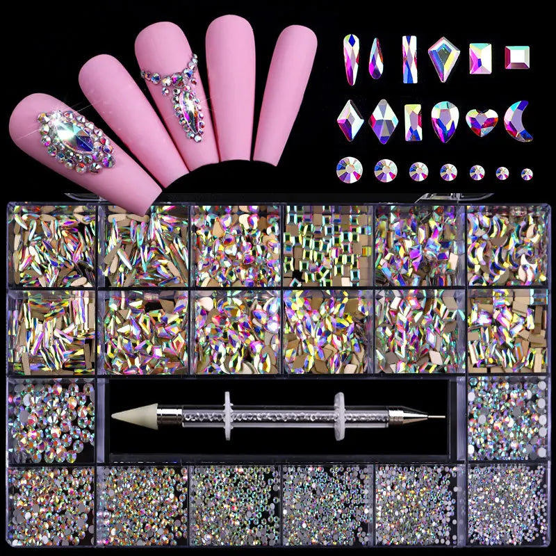 480pcs Nail Rhinestone Set – 21 Grid Mixed Diamond Gems