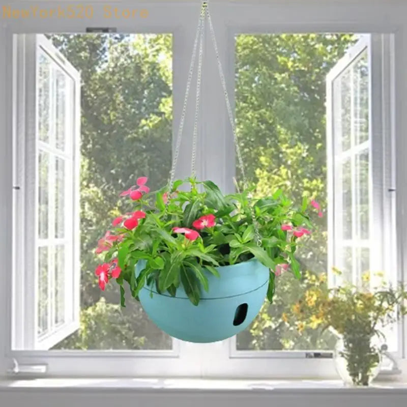 Hanging Bowl Planter with Water Storage & Metal Chain Hook