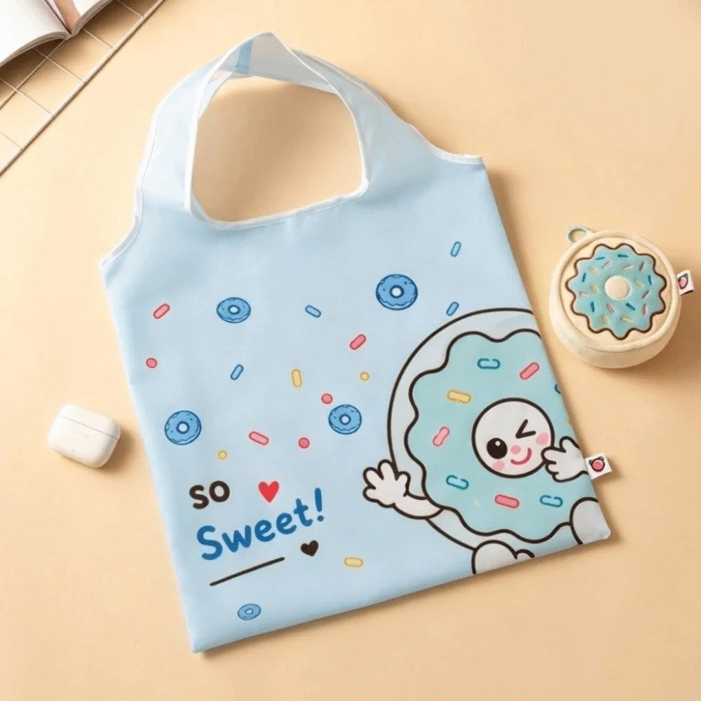 Foldable Cartoon Tote Bag with Pouch & Hanging Charm