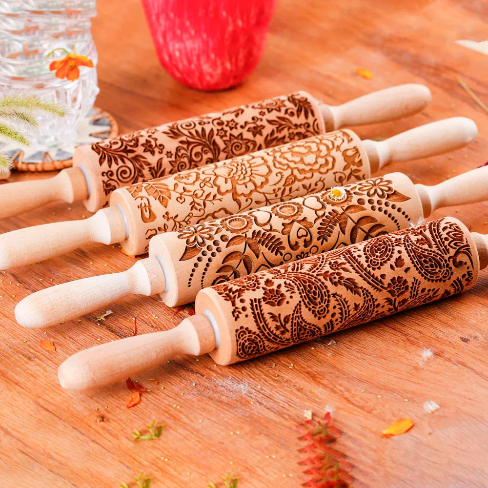 Wooden Embossed Rolling Pin Sunflower Pattern – Baking Cookie Stamp