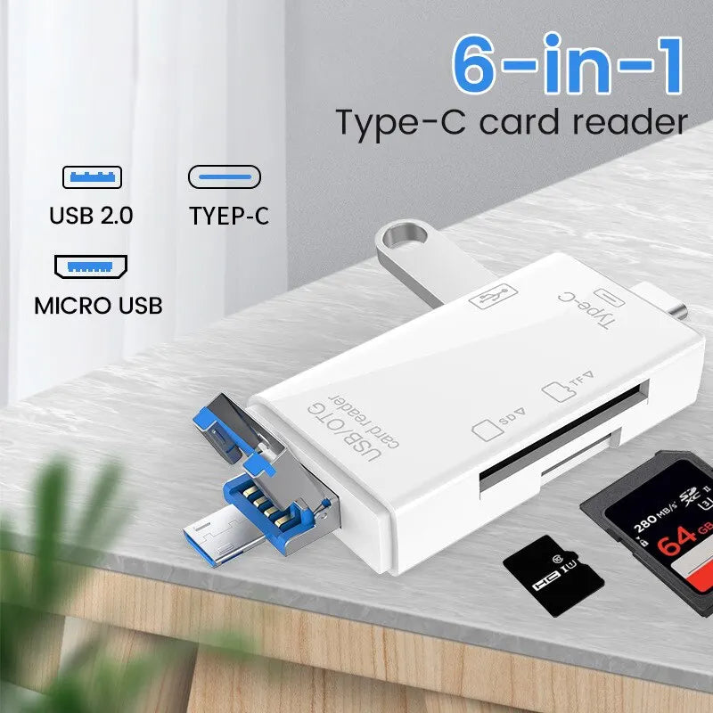 6-in-1 OTG Type-C USB Card Reader for TF & Micro SD Cards