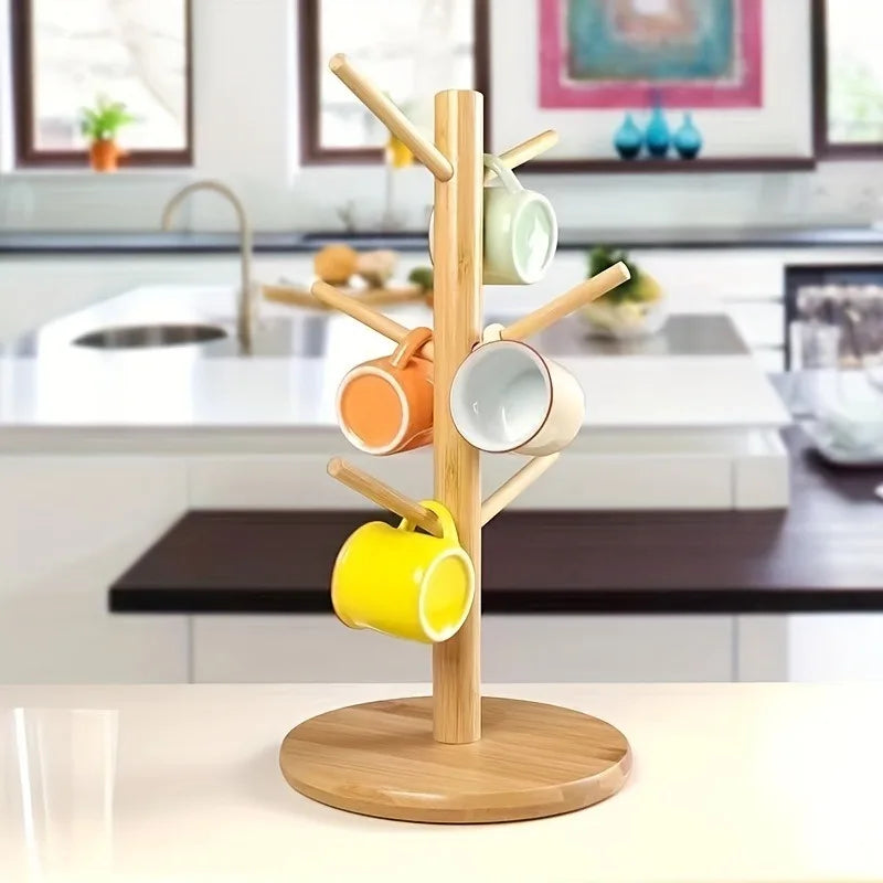 Bamboo Cup Holder with Hooks – Kitchen & Office Organizer