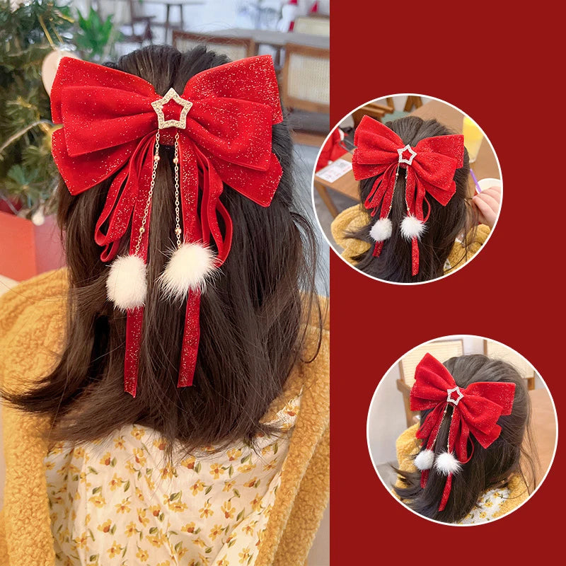 Red Velvet Gold Bow Hair Clip – Christmas Barrette for Girls