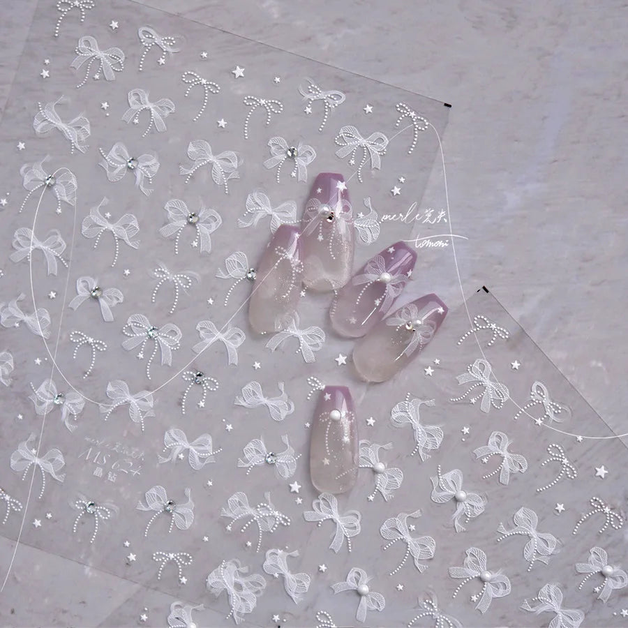 5D Lace Bow Nail Art Stickers – Pearl Rhinestone Decals