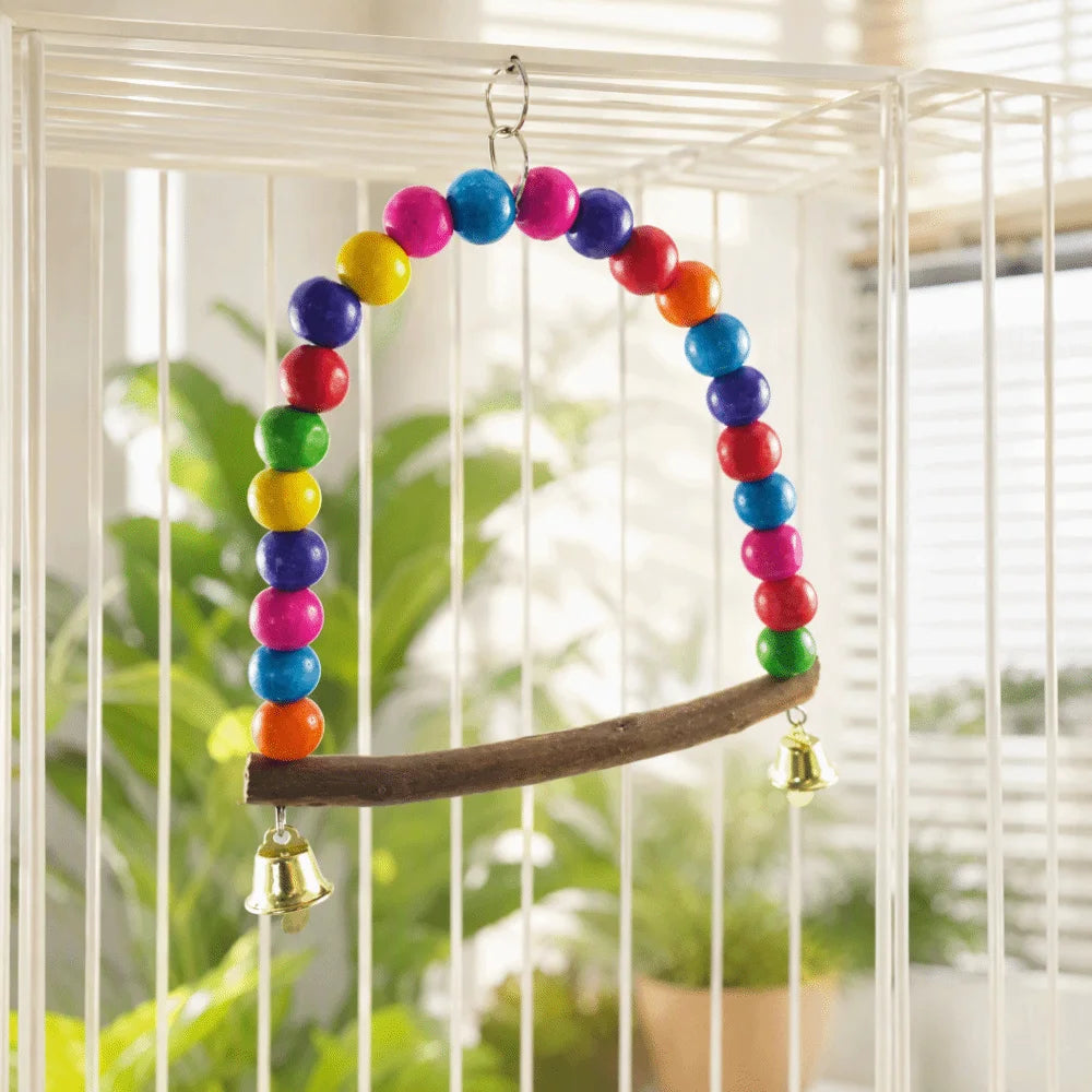 Colorful Wooden Bird Swing Toy with Bells – Parrot Perch