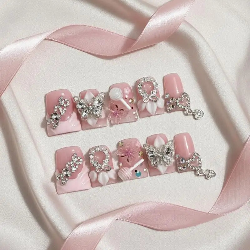 10Pcs French Tip Press-On Nails 3D Butterfly Duck Bill Short False Nails