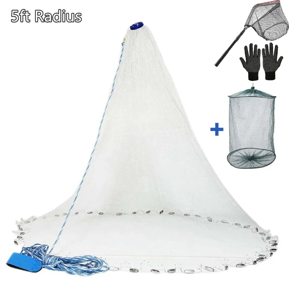 Saltwater Fishing Cast Net 3–10ft Radius with Sinkers & Gloves