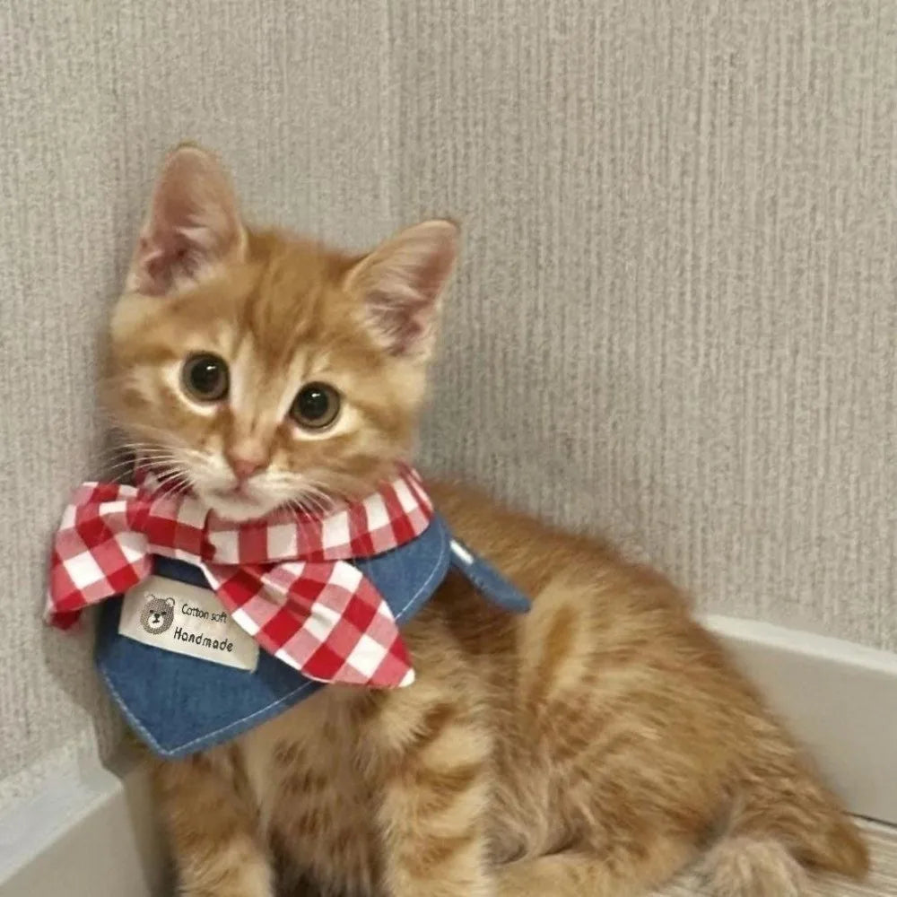 Soft Dog Bandana Red Plaid Bow Tie Triangle Bib XS–L