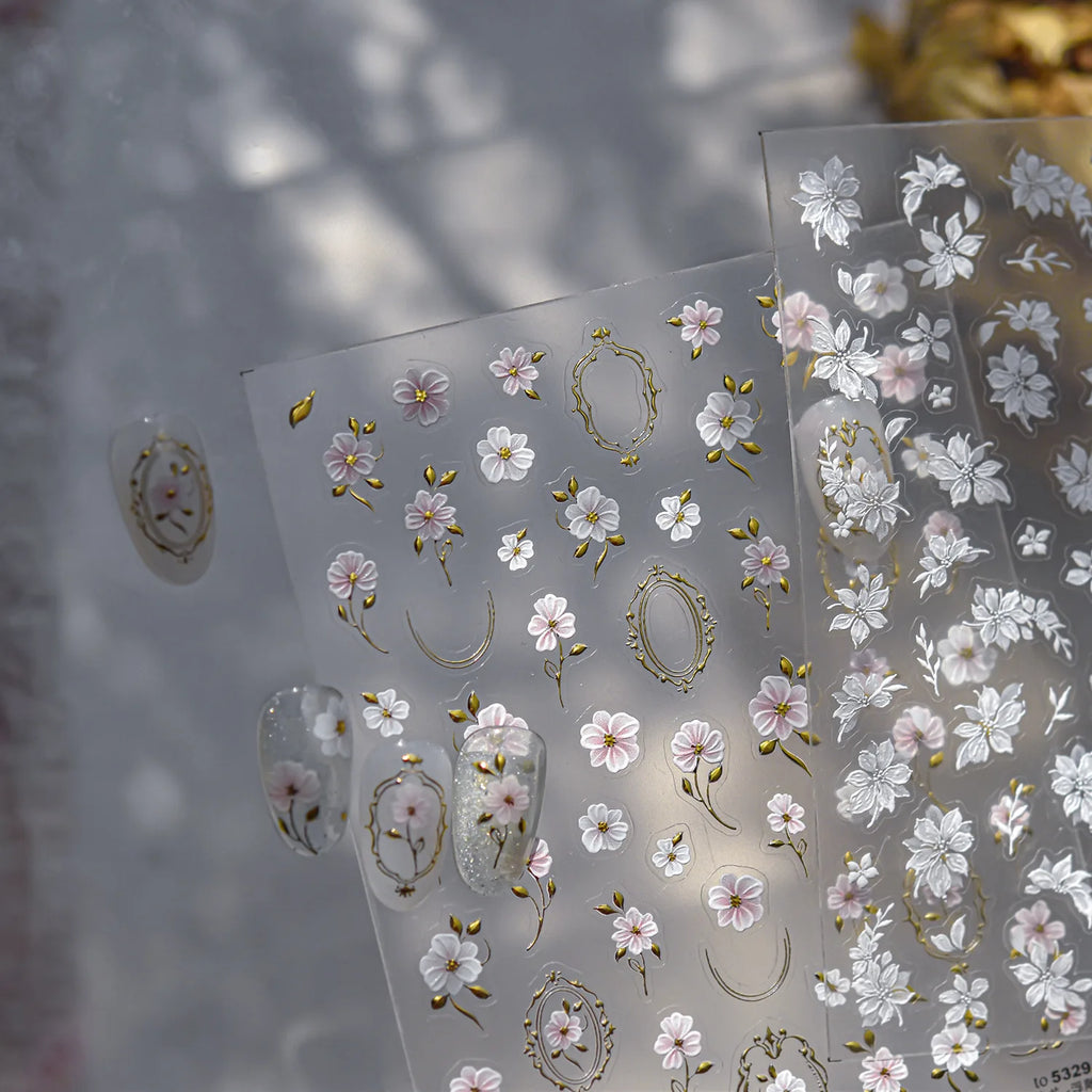 3D Gilded Camellia Flower Nail Art Stickers – Luxury White