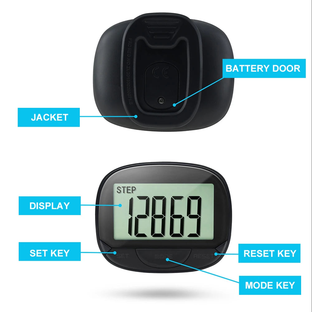 VIBE Clip-On Pedometer LCD Step Counter for Walking & Running