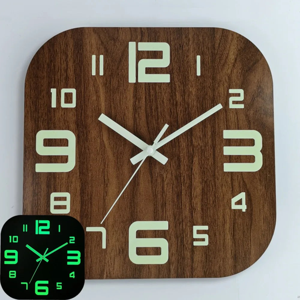 12-Inch Glow in the Dark Silent Wooden Wall Clock – Brown
