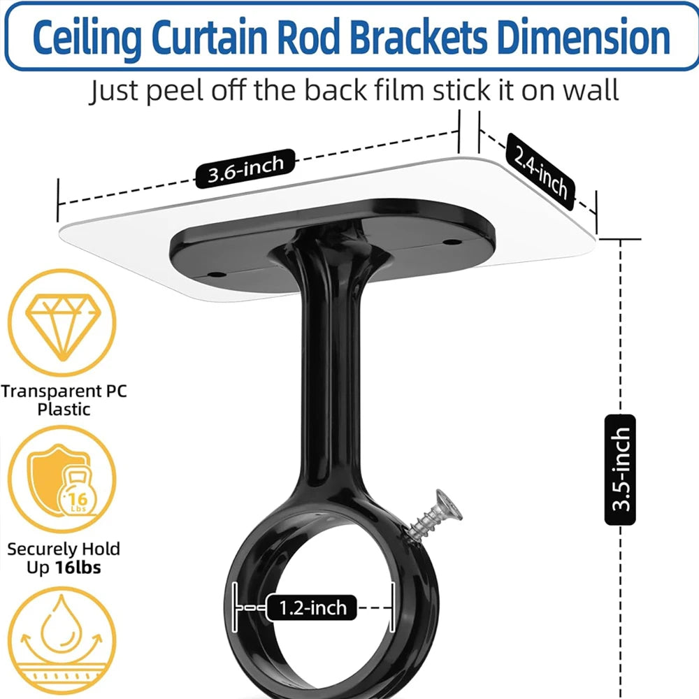 No-Drill Curtain Rod Brackets – Adhesive Ceiling & Wall Hooks