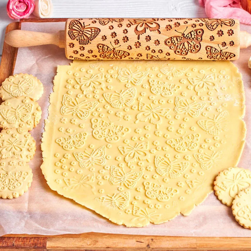 Wooden Embossed Rolling Pin – Butterfly & Floral Cookie Stamp