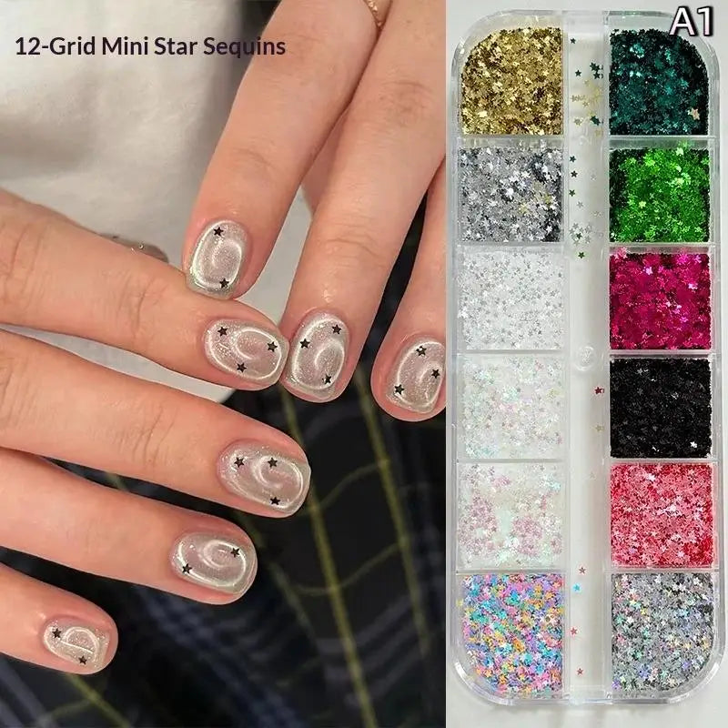 12-Grid Star Sequin 3D Nail Art Charms – DIY Manicure Set
