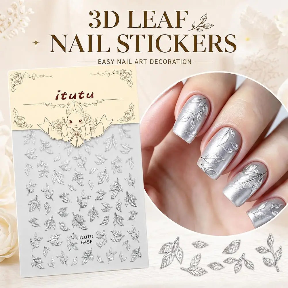 Gold Silver Leaf Nail Stickers – 3D Embossed Self-Adhesive Decals