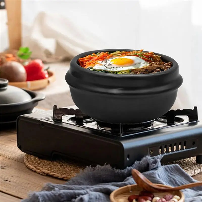 Korean Ceramic Stone Pot with Tray – Bibimbap & Hot Pot Bowl