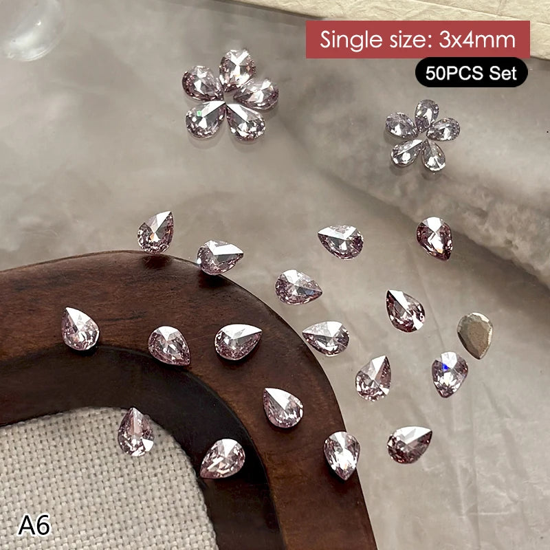 50Pcs Water Drop Zircon Nail Rhinestones 3D Flatback Crystal Gems