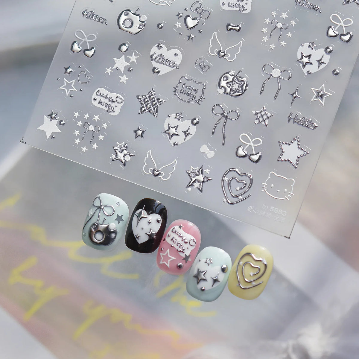 5D Embossed Silver Metallic Nail Art Stickers – Stars & Bows