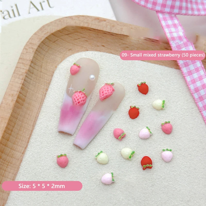 50PCS 3D Strawberry Nail Charms Resin Fruit DIY Nail Art Decor