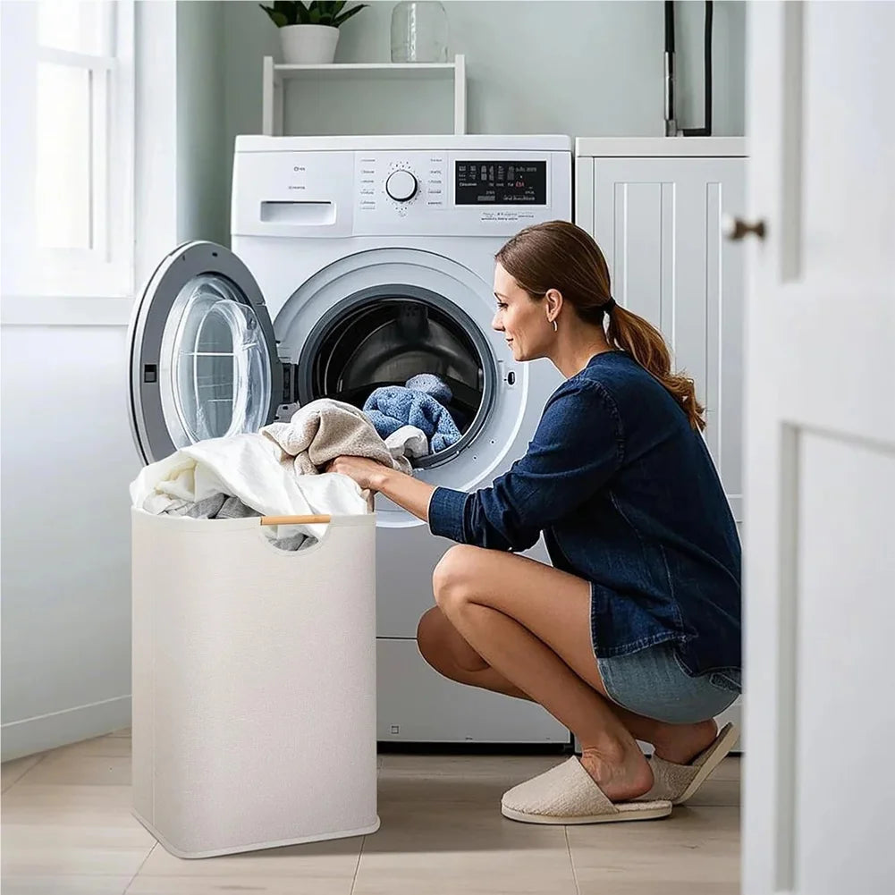 Collapsible Linen Laundry Basket with Wooden Handle