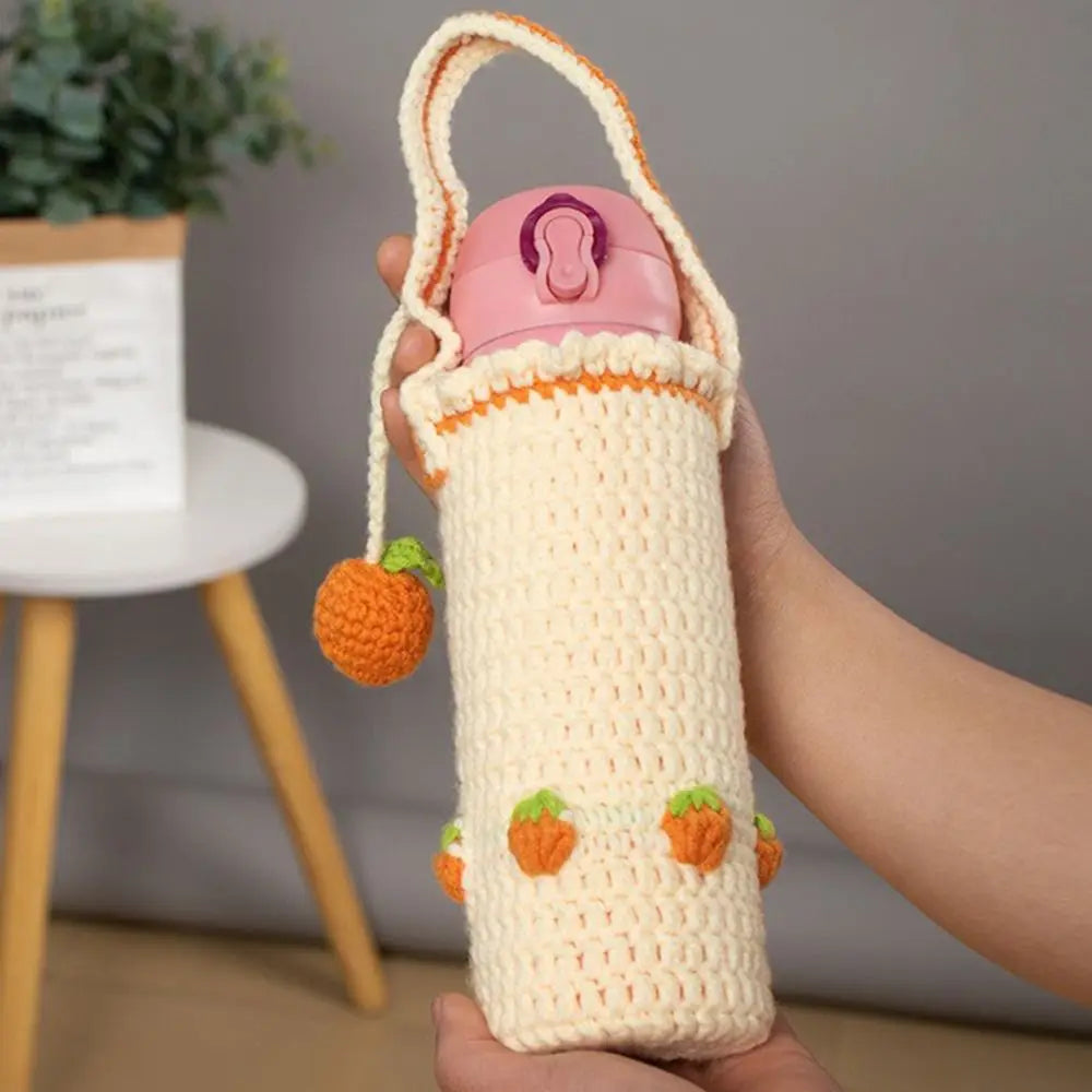 Handmade Knitted Crochet Water Bottle Cover with Carry Strap