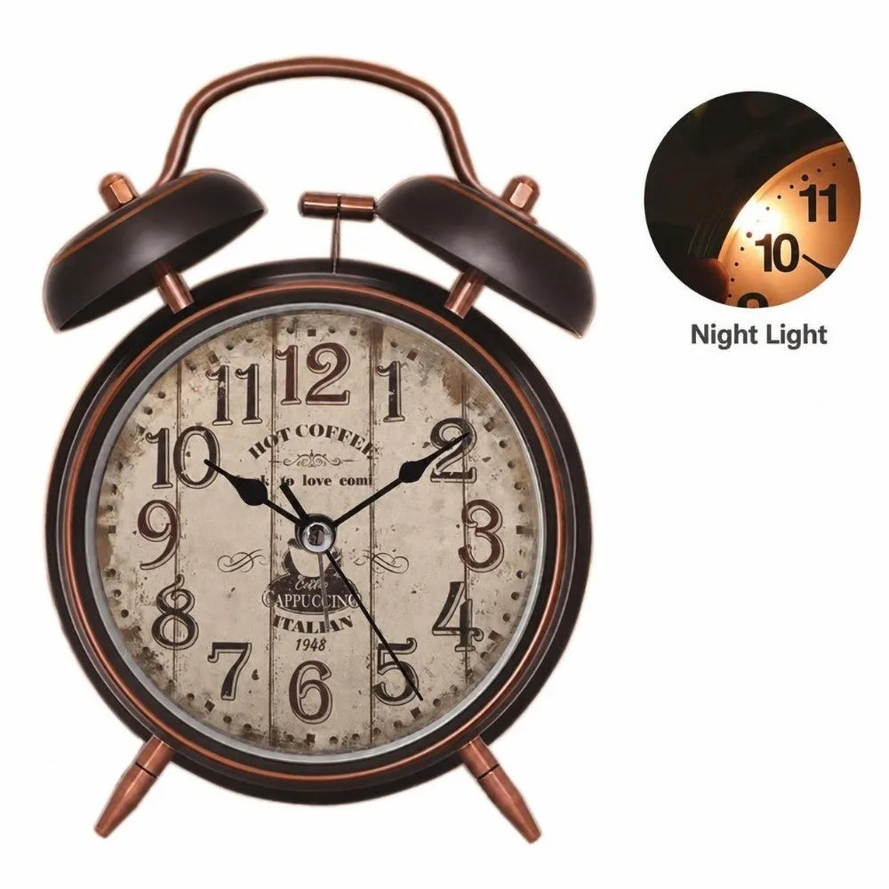 4-Inch Retro Alarm Clock Black & Gold | Night Light & Silent