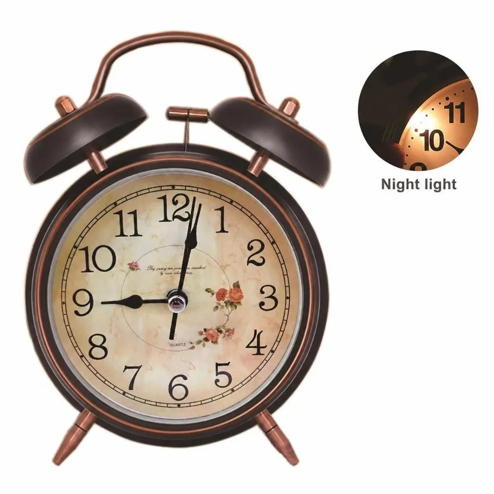 4-Inch Retro Alarm Clock Black & Gold | Night Light & Silent