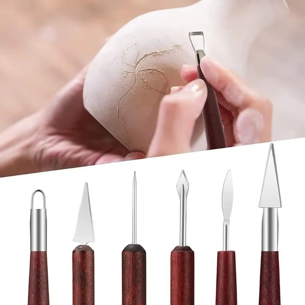 6-Piece Clay Sculpting Set – Double-Ended Wire Tools, Red Wood