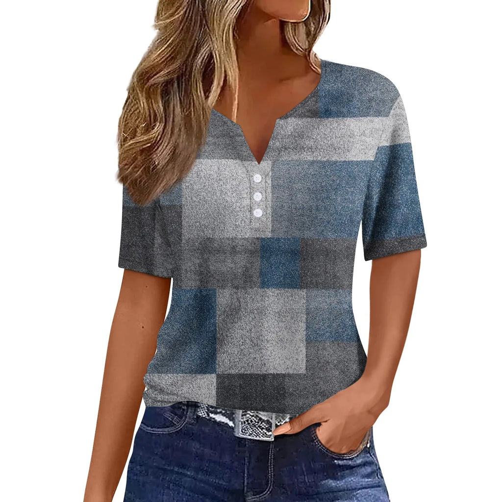 Women's Patchwork V-Neck T-Shirt Short Sleeve Casual Top S–XXXL