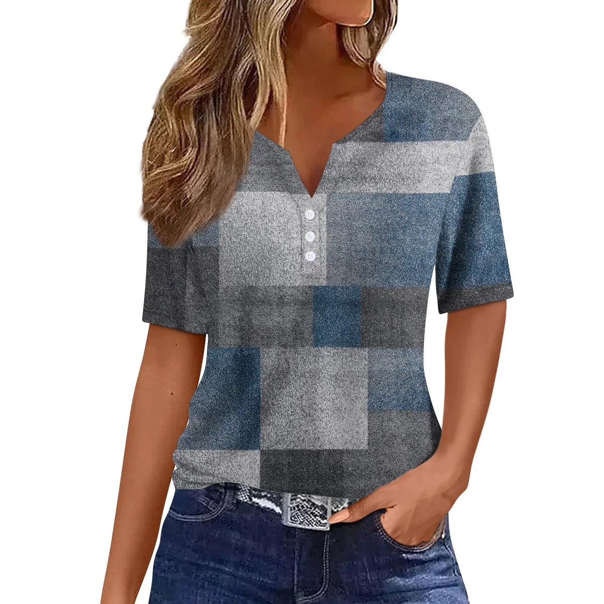 Women's Patchwork V-Neck T-Shirt Short Sleeve Casual Top S–XXXL
