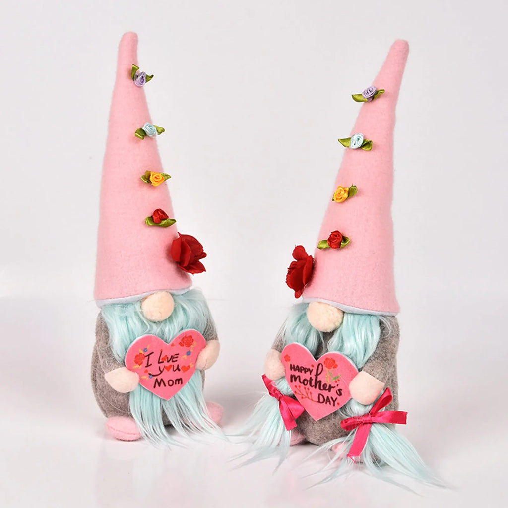 Handmade Gnome Figurine Set – Pink Rose Mother's Day Ornament