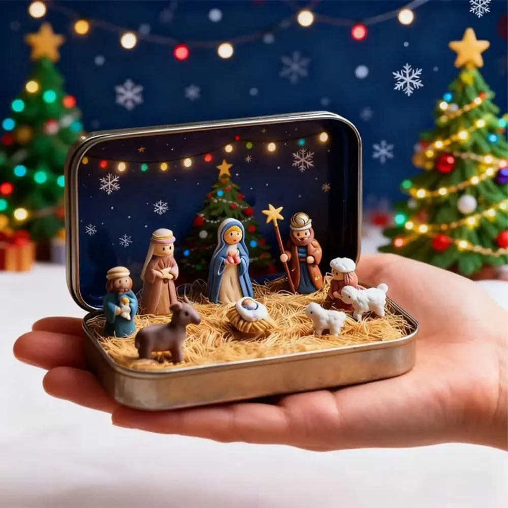 Mini Christmas Nativity Figurine Set with Tin Box | Resin Scene