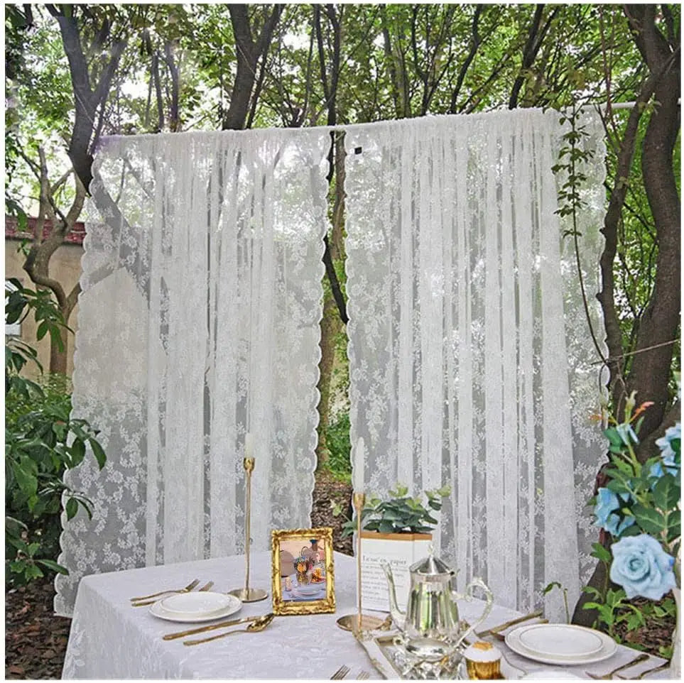 White Floral Lace Sheer Curtains Rod Pocket Voile Drapes