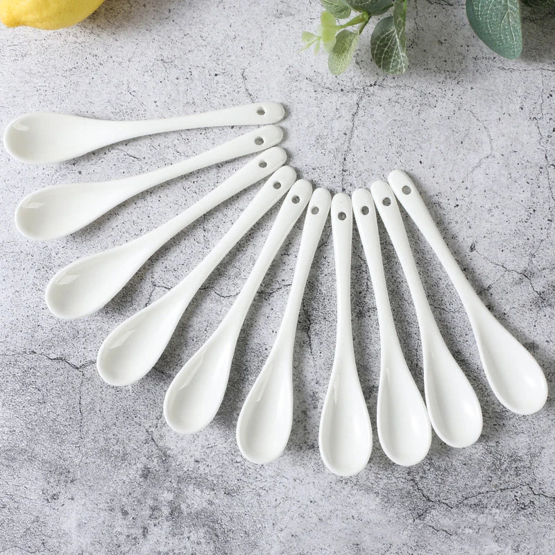 5-Pack White Ceramic Porcelain Spoons – Tea Coffee Dessert Set