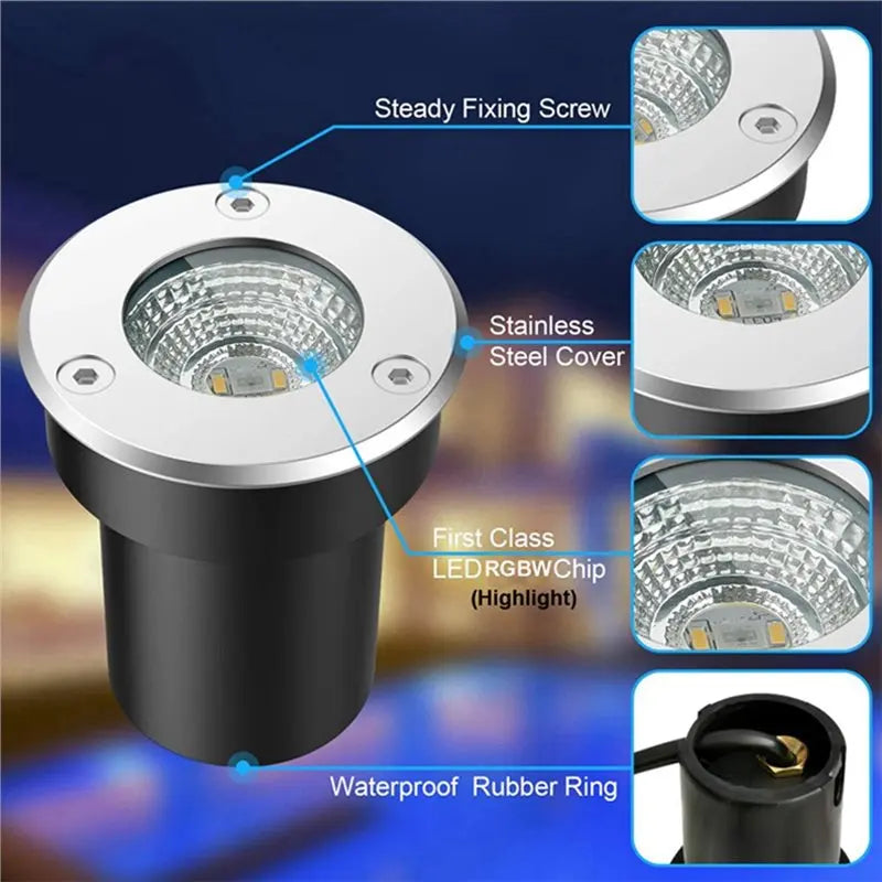 RGBW In-Ground LED Landscape Lights 12V 3W + Remote – 4 Pack