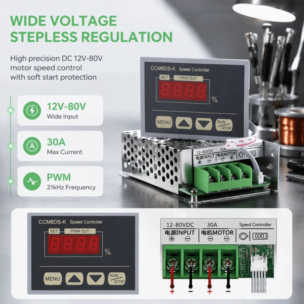 12V–80V 30A DC Motor Speed Controller Digital Display Panel