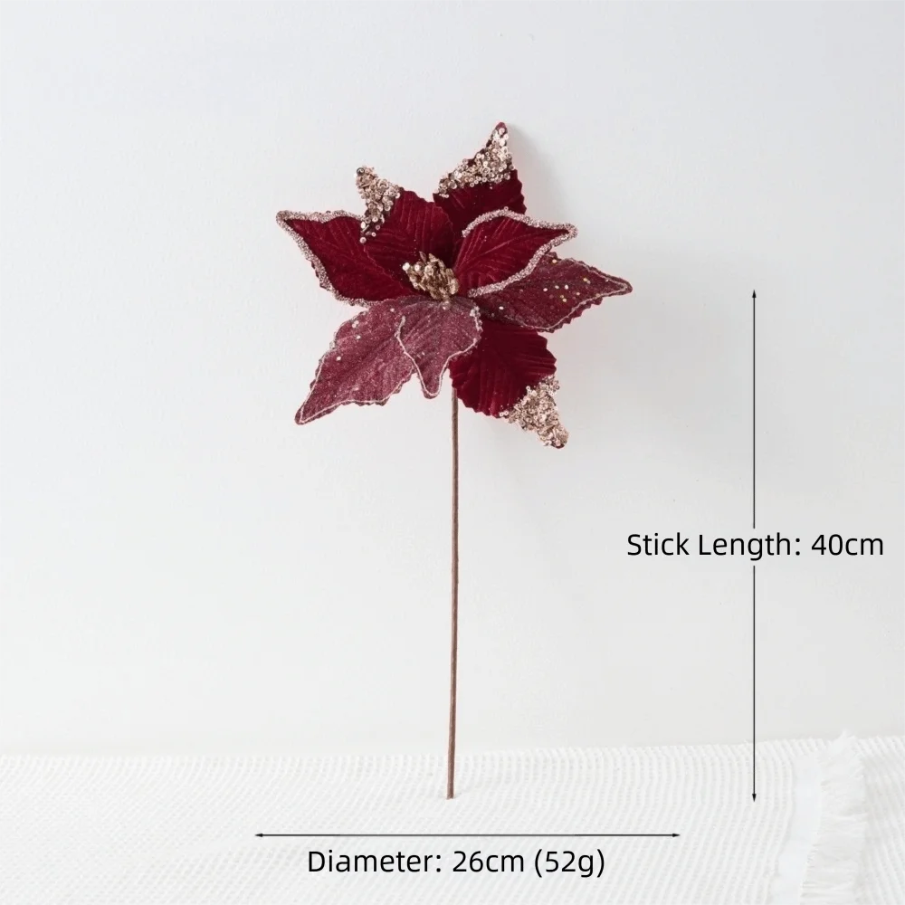 26CM Wine Red Glitter Artificial Poinsettia Flower | Christmas Decor