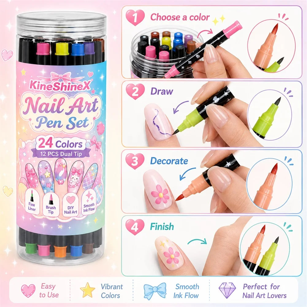 24-Color Dual-Tip Nail Art Pen Set – 12 Fine Liner & Brush Pens