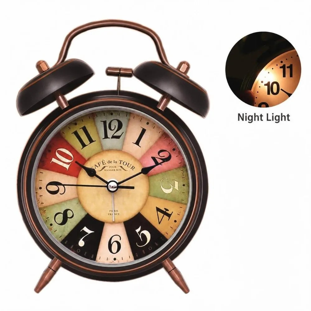 4-Inch Retro Alarm Clock Black & Gold | Night Light & Silent