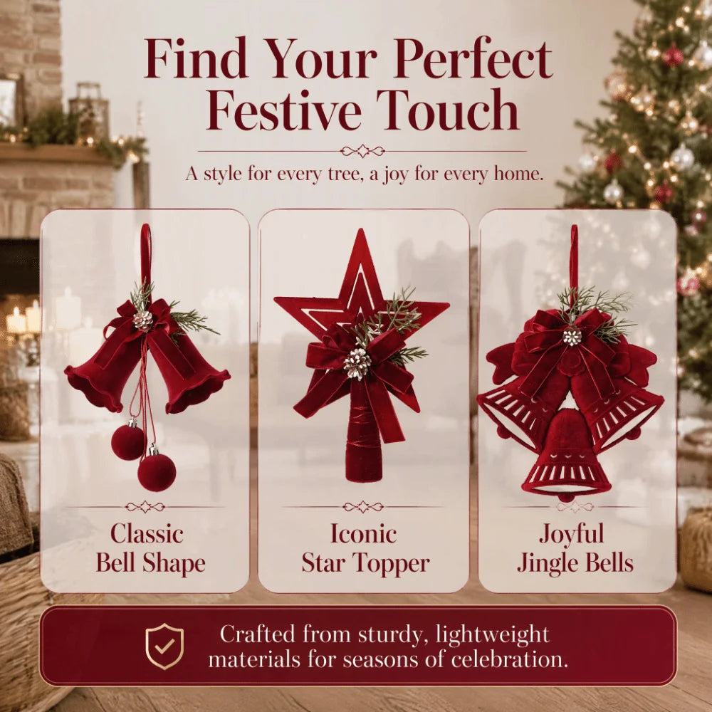 Wine Red Bow Bell Christmas Tree Topper Ornament