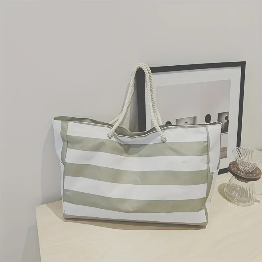 VIBE Striped Beach Tote Bag – Waterproof Foldable Shoulder Bag