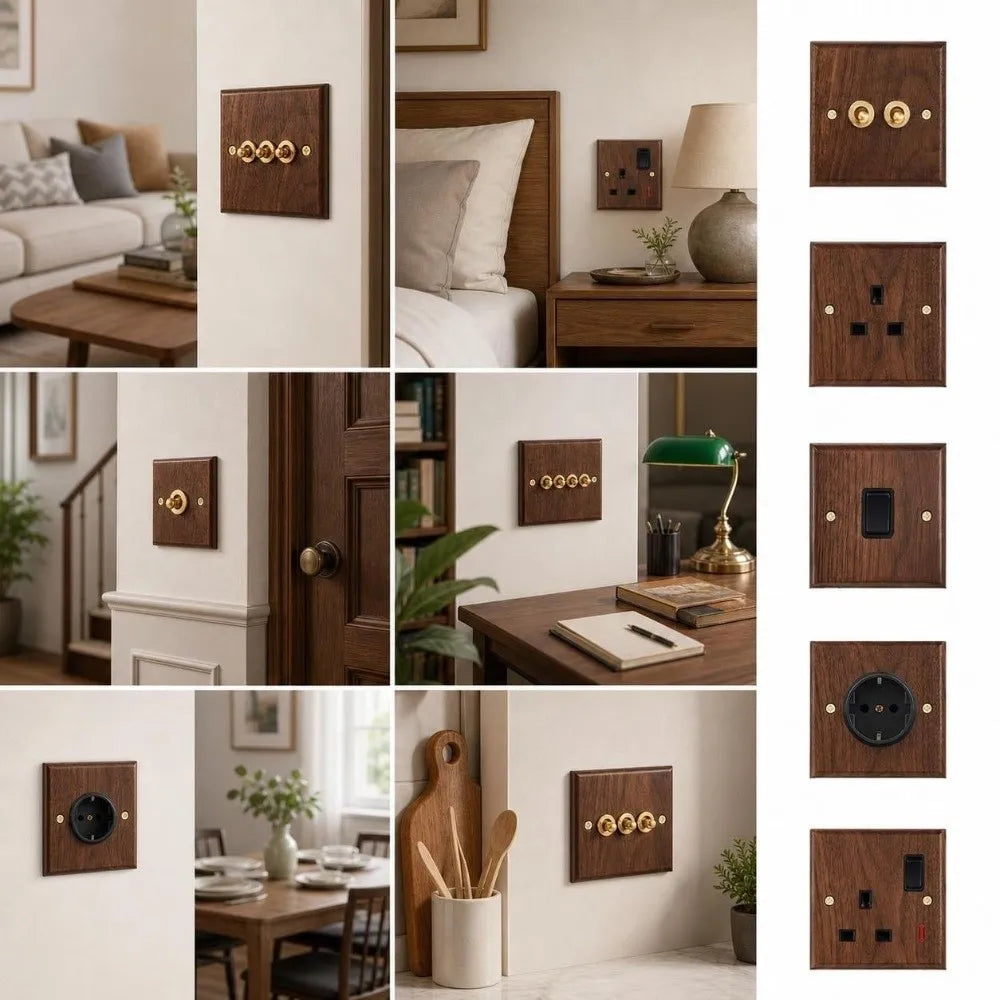 86 Type Walnut Wood Toggle Switch Panel – Brass Lever
