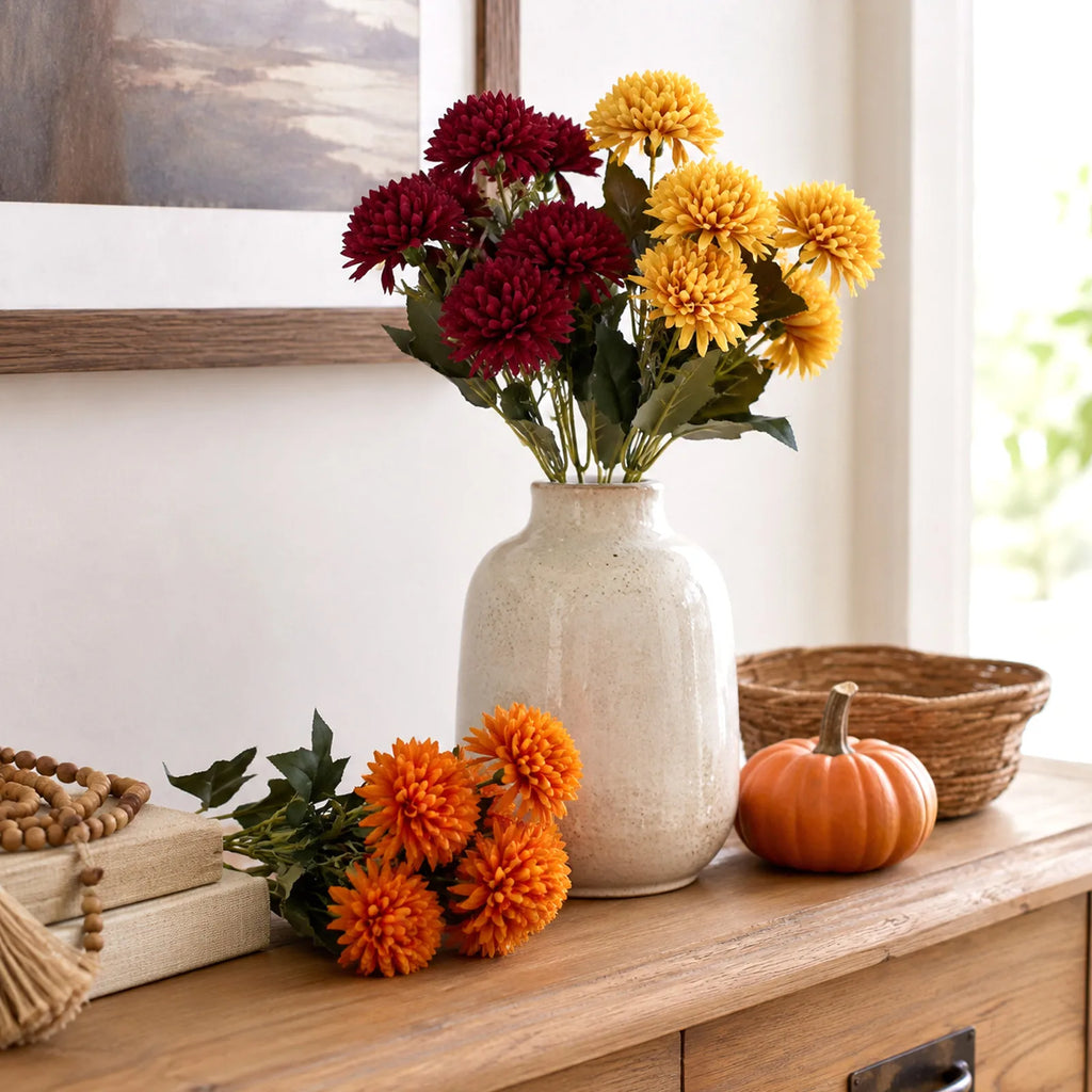 6-Pack Artificial Chrysanthemum Pompon Stems – Fall Harvest Decor