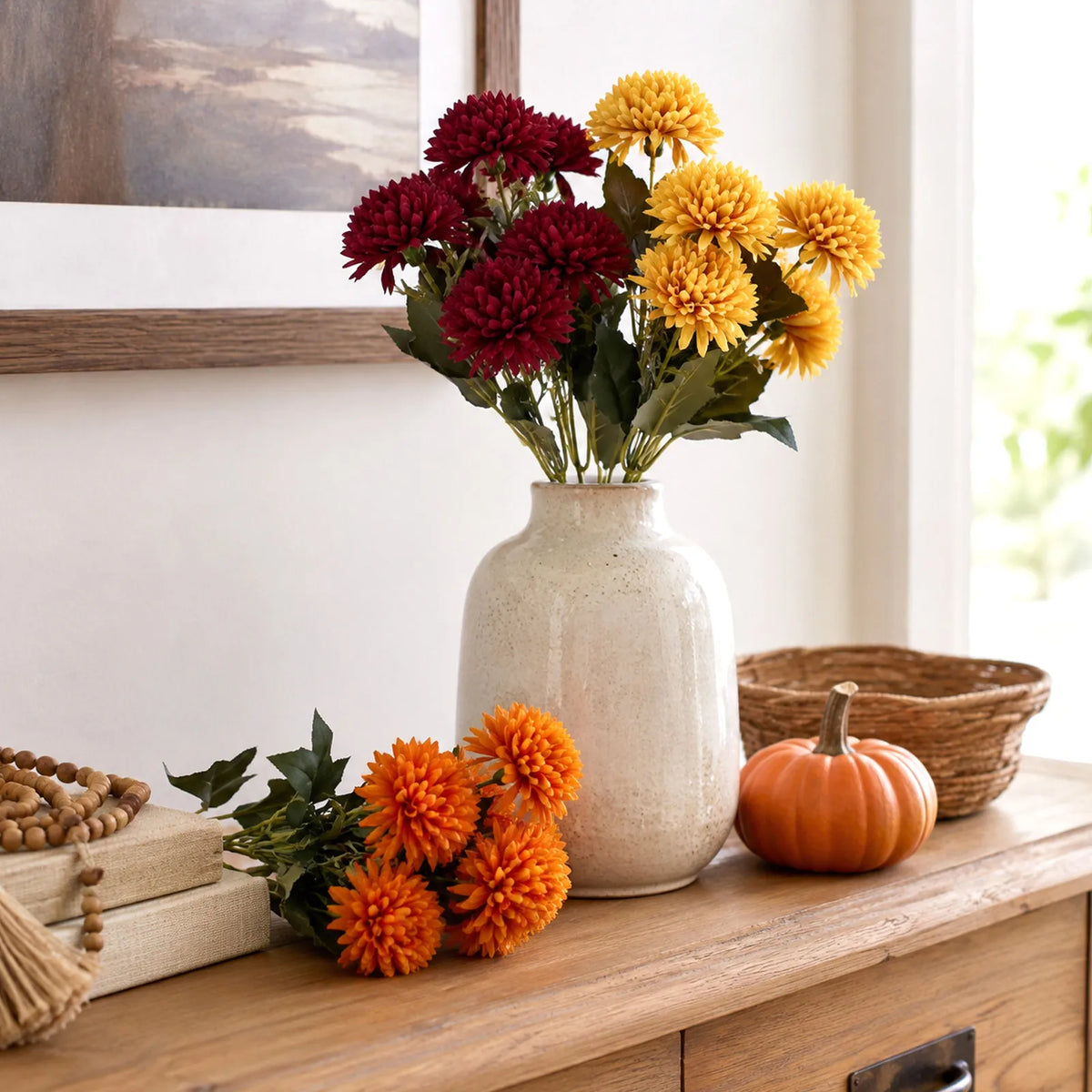 6-Pack Artificial Chrysanthemum Pompon Stems – Fall Harvest Decor