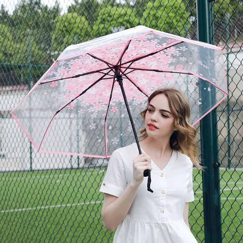 Transparent Cherry Blossom Folding Umbrella – UV & Rain
