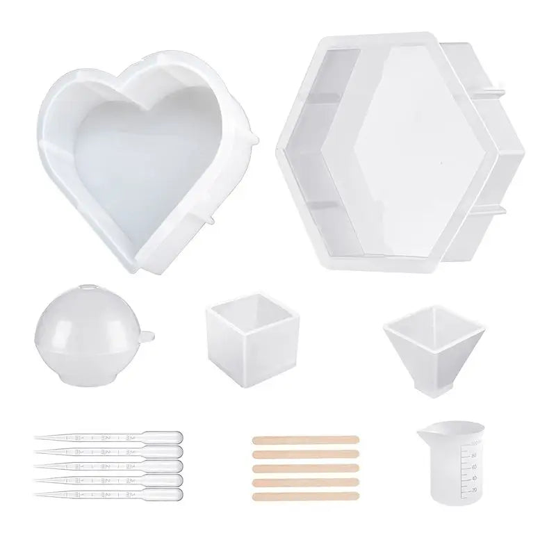 Large Silicone Resin Molds Kit – Hexagon, Heart, Sphere 16pc Set