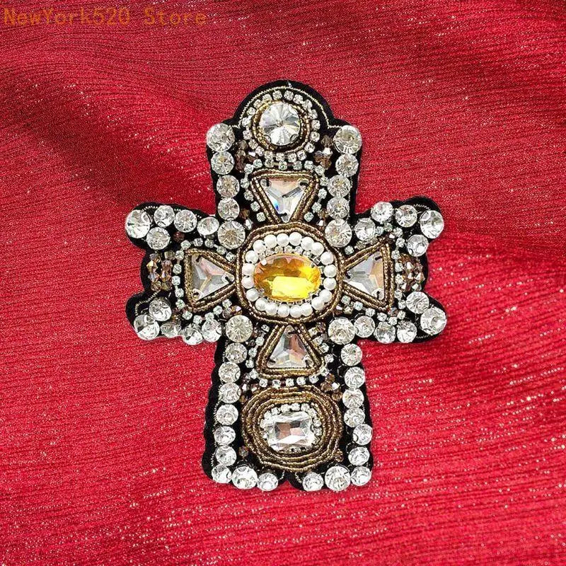 Rhinestone Cross Patch Large Sew-On DIY Clothes Badge