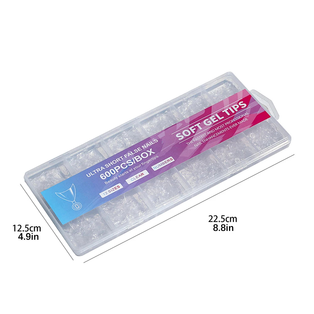 600pcs Short Soft Gel Nail Tips Pre-Etched Full Cover 12 Sizes