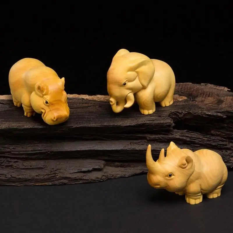 Hand-Carved Wood Animal Figurines – Rhino, Hippo & Elephant